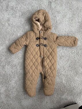 Quilted Hooded Fleece Lined Baby One-Piece Bunting in Camel